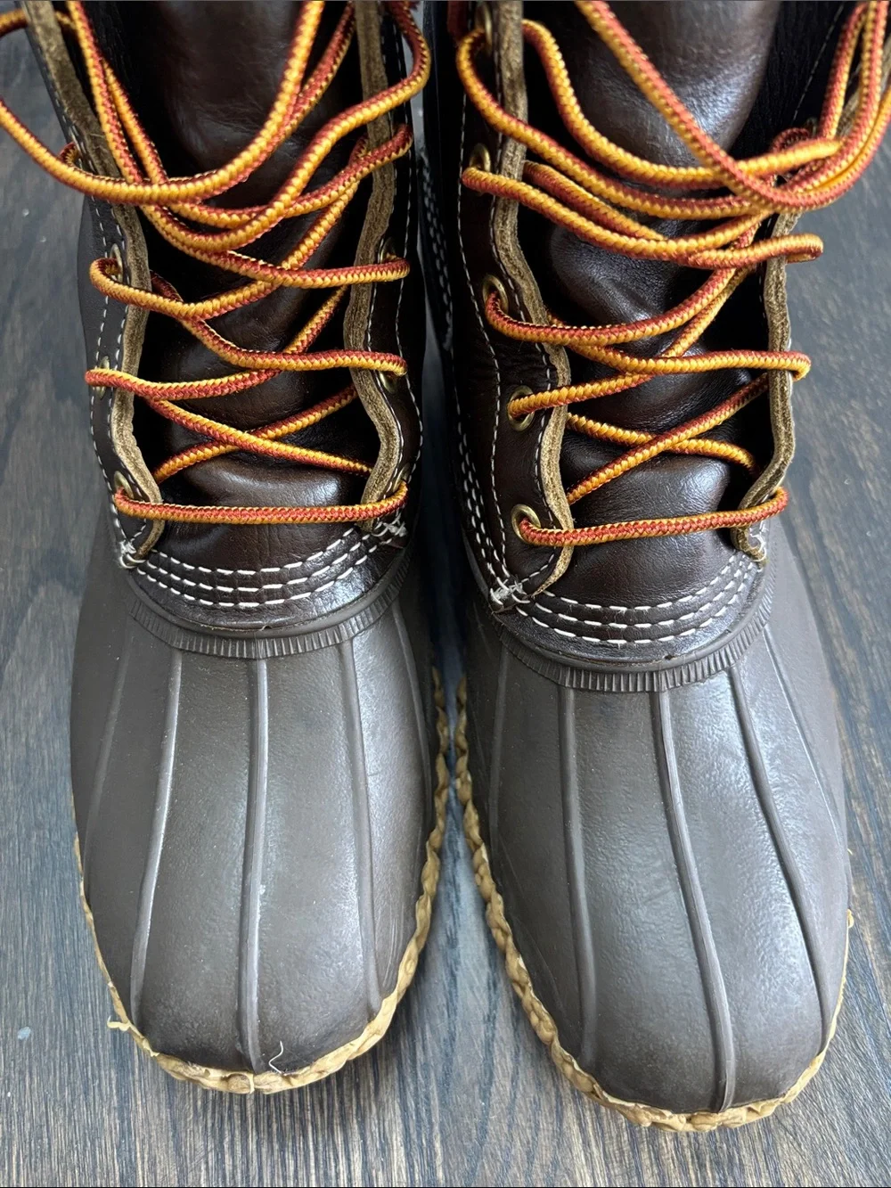 LL Bean boots,dark brown leather,lace up, 8” tall,size 8 men, size 9.5 women